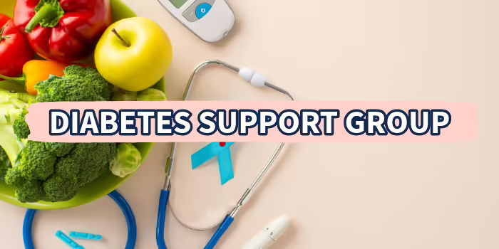 Vegetables and fruits along with a stethoscope, glucose meter, and diabetes testing supplies on a beige background with overlay text.