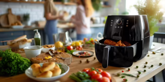 A modern black air fryer sits on a kitchen counter with plates of food on the counter.