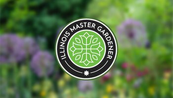 Illinois Master Gardener logo against a blurred background of a flower bed