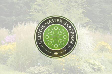 Master gardener logo on top of a photo of flowers in yard